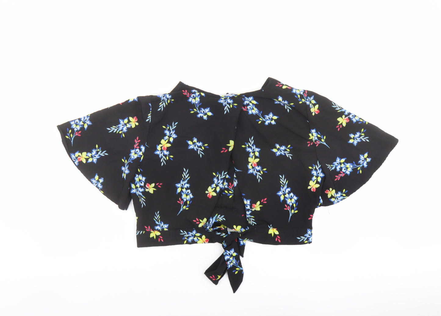 New Look Womens Black Floral Polyester Cropped Blouse Size 16 V-Neck