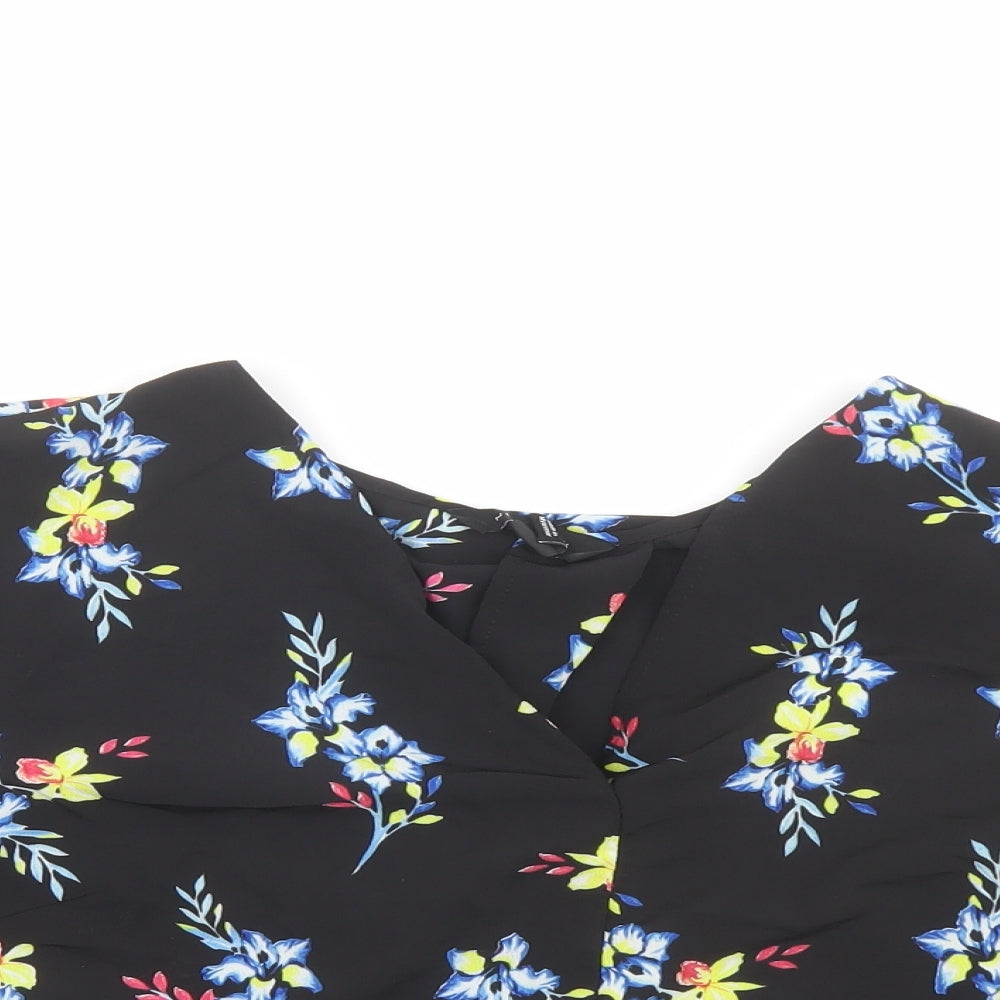 New Look Womens Black Floral Polyester Cropped Blouse Size 16 V-Neck