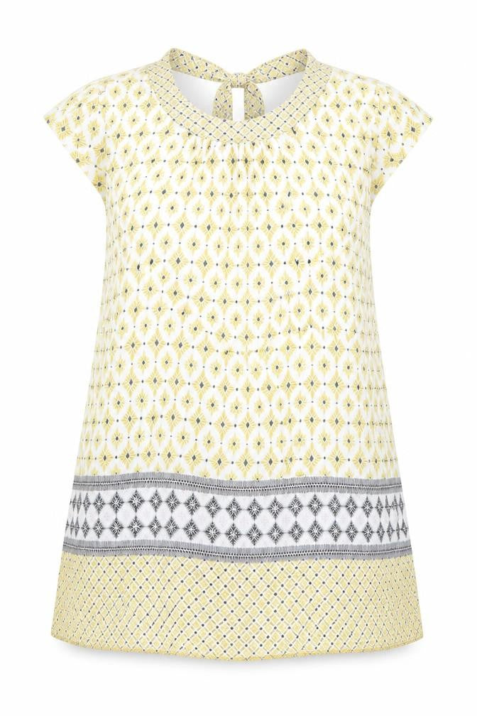 Front view of Dorothy Perkins women’s yellow geometric viscose basic blouse, size UK 8, round neck
