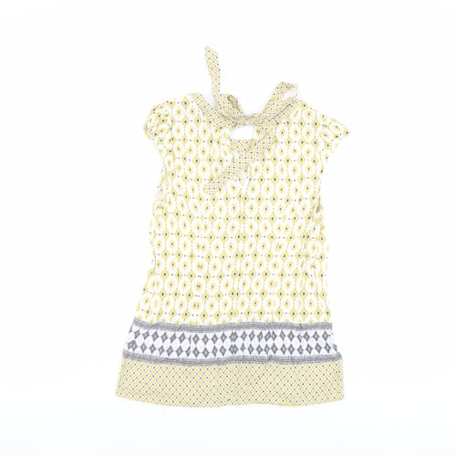 Dorothy Perkins Womens Yellow Geometric Viscose Basic Blouse Size 8 Round Neck