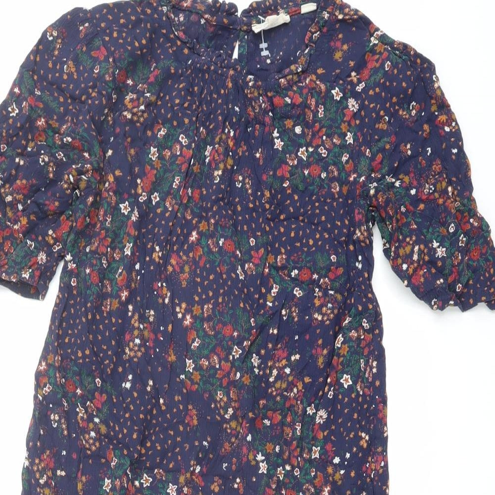 Fat Face Womens Blue Geometric Viscose A-Line Size 8 Round Neck Button