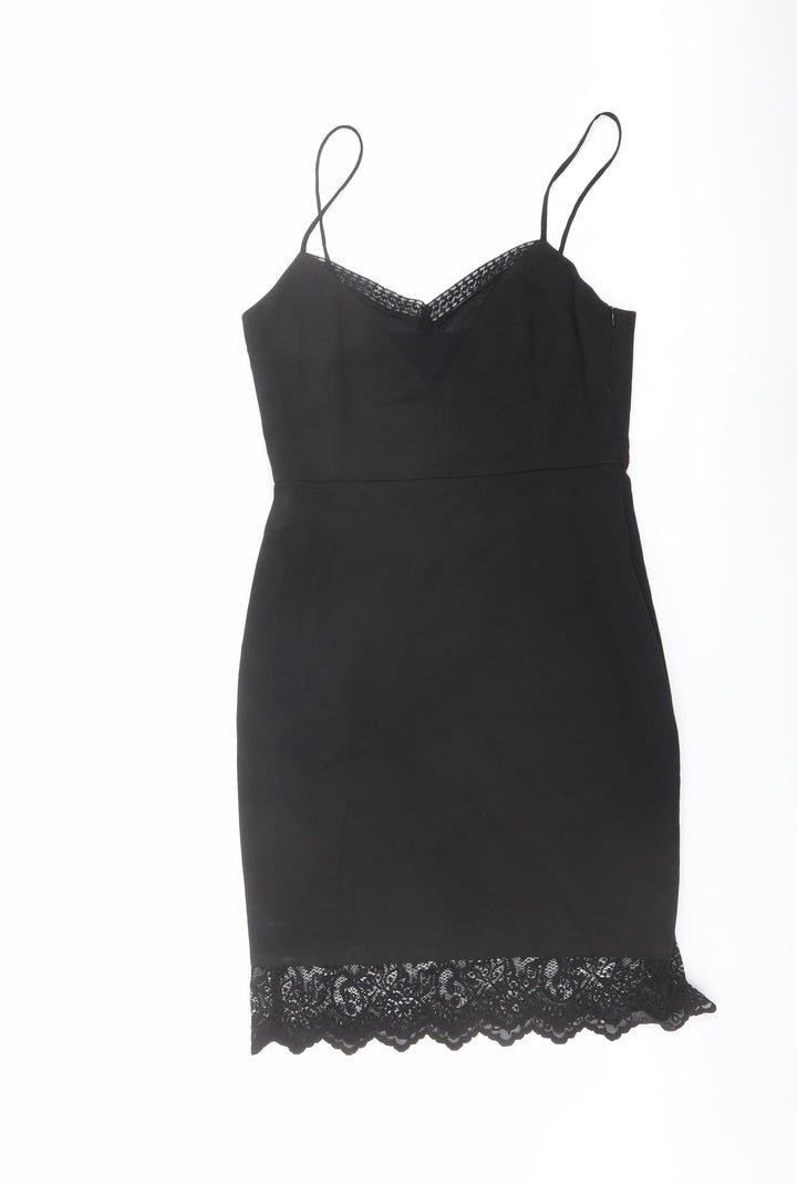Zaraq Womens Black Polyester Shift Size M V-Neck Zip - Lace Details