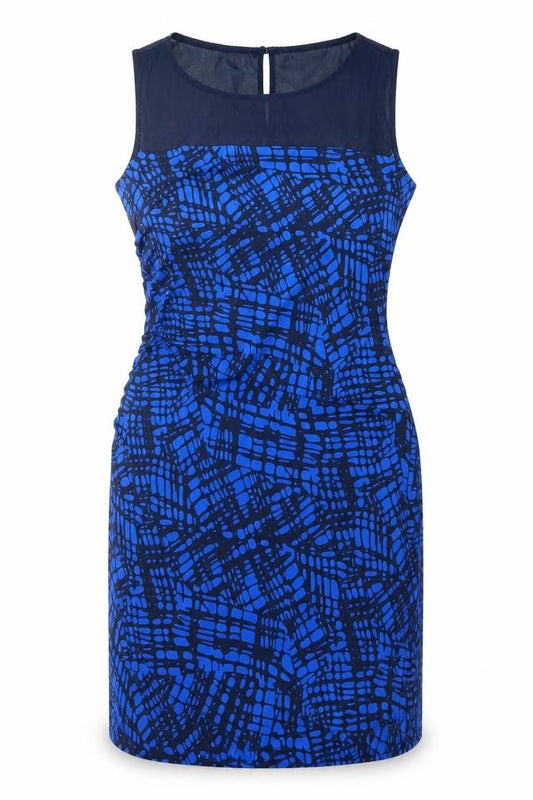 Front view of Next women’s black geometric polyester tank dress, size UK 14, round neck button