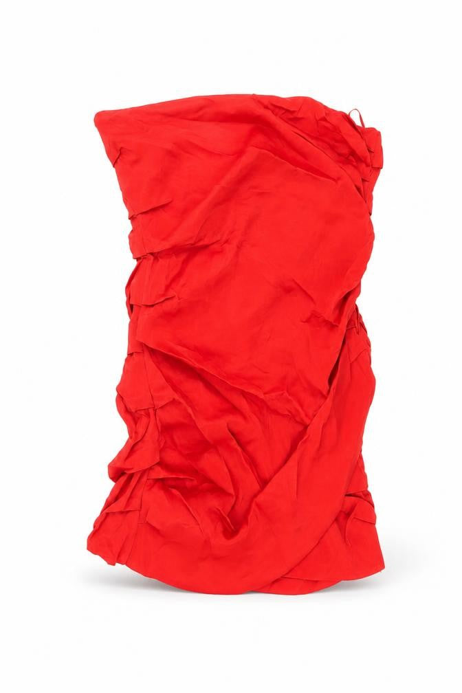 Front view of Zara women’s red polyester mini, size M, off the shoulder zip