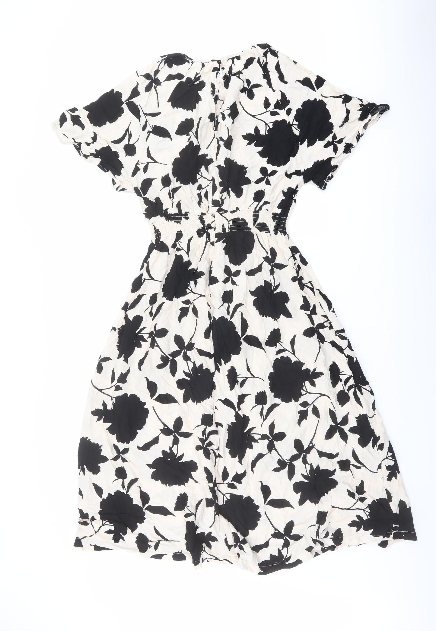 H&M Womens Beige Floral Viscose A-Line Size S Round Neck Button