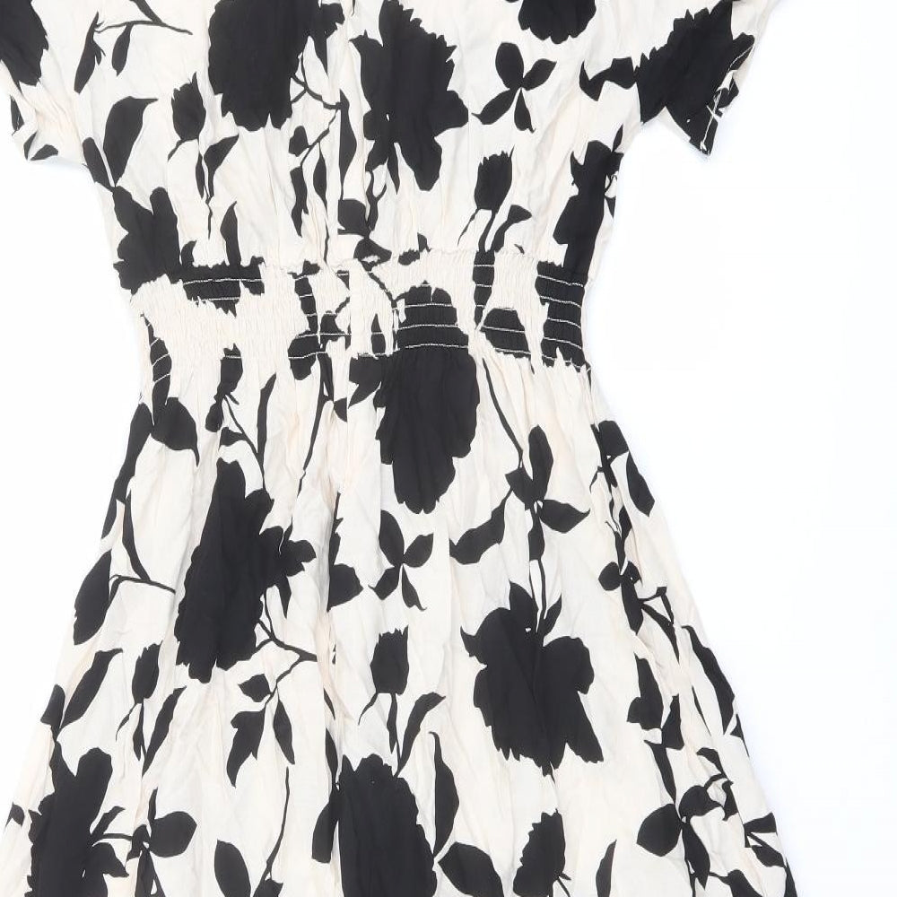 H&M Womens Beige Floral Viscose A-Line Size S Round Neck Button