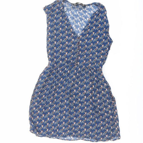 Zara Womens Blue Geometric Polyester A-Line Size S V-Neck Button - Owls