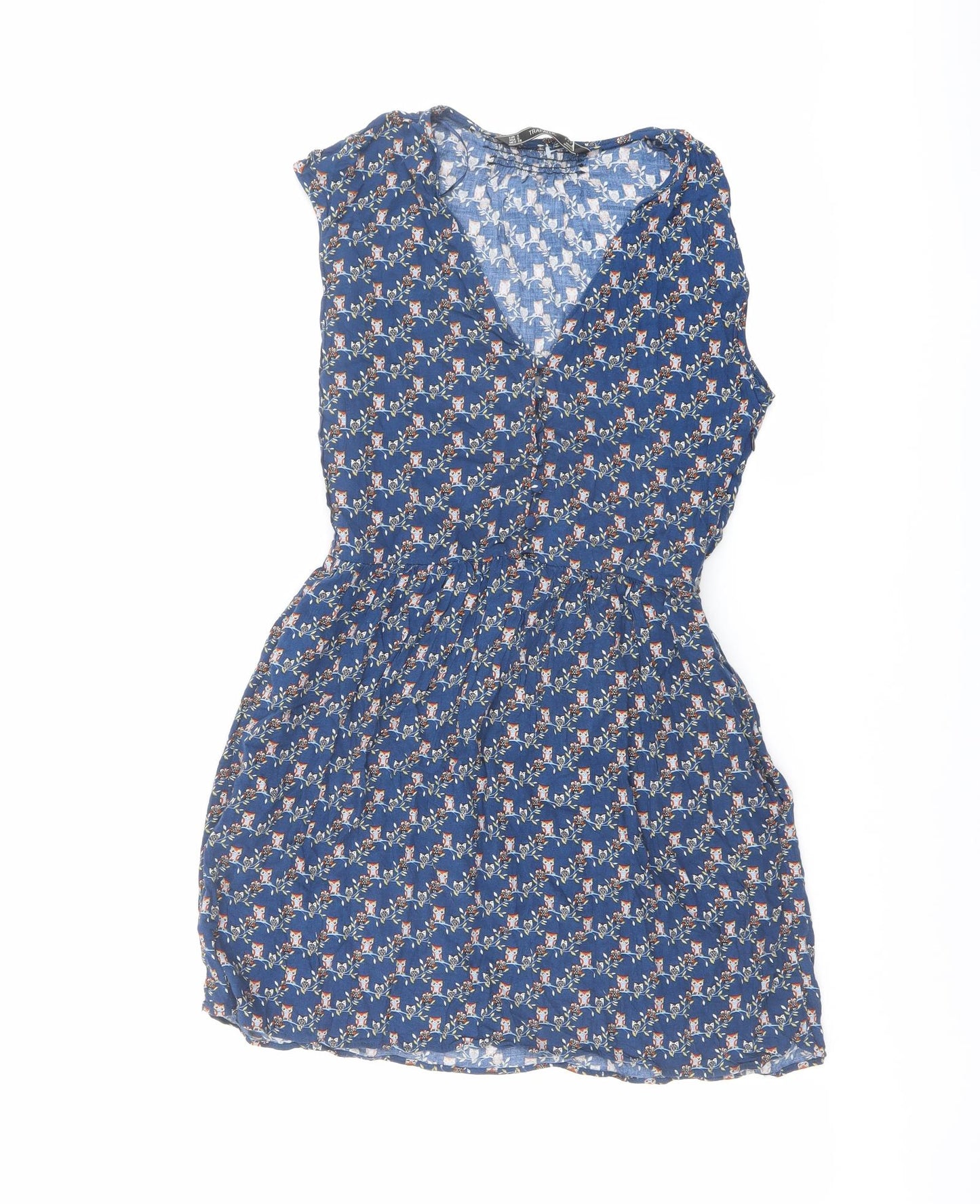 Zara Womens Blue Geometric Polyester A-Line Size S V-Neck Button - Owls