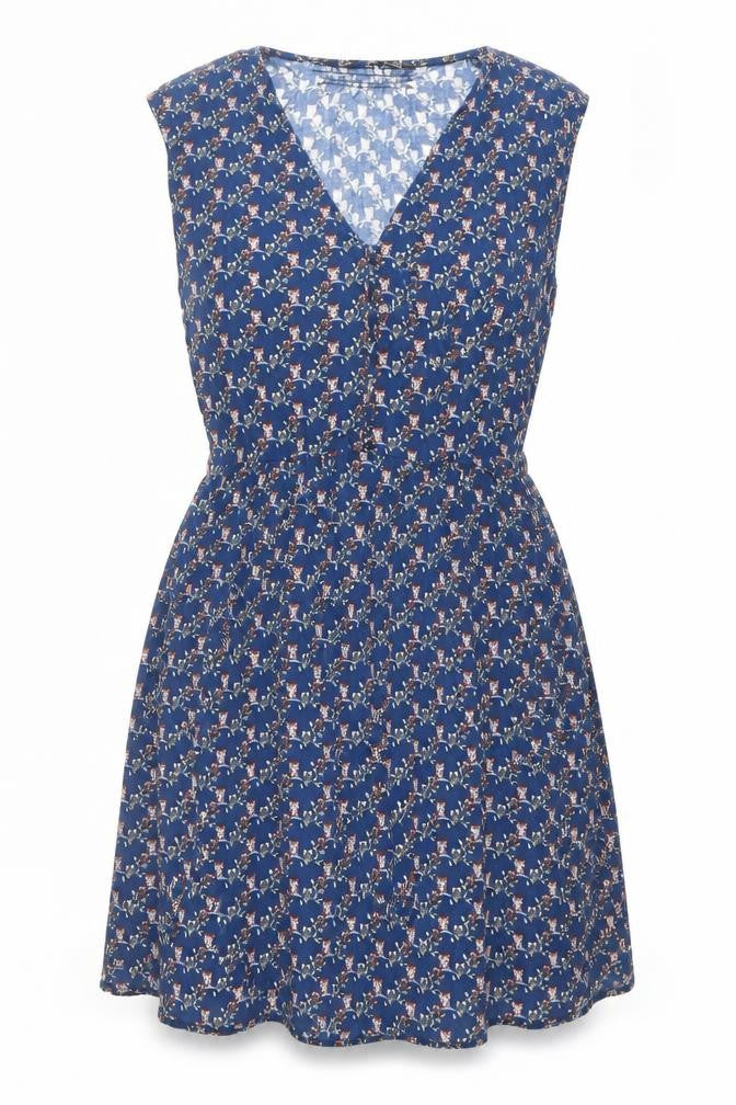 Front view of Zara women’s blue geometric polyester a-line, size S, v-neck button - owls