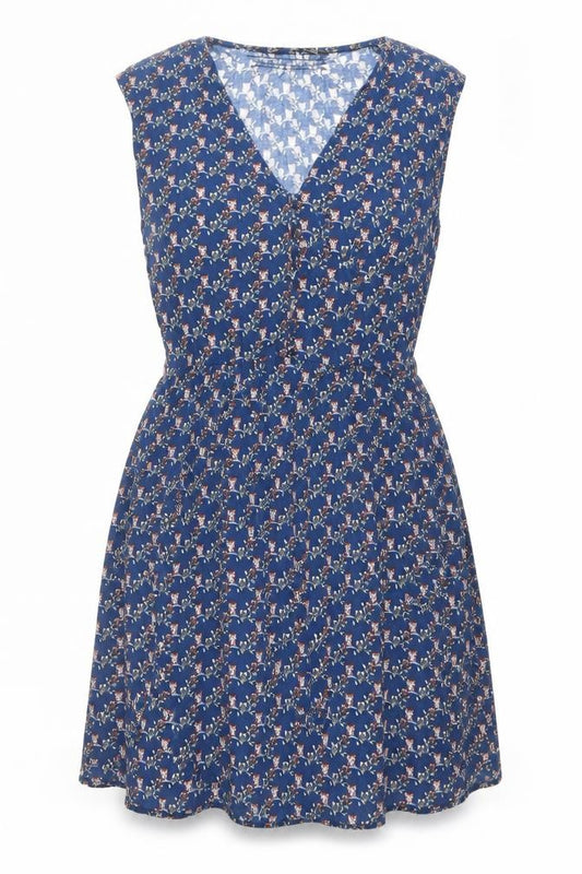 Front view of Zara women’s blue geometric polyester a-line, size S, v-neck button - owls