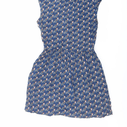 Zara Womens Blue Geometric Polyester A-Line Size S V-Neck Button - Owls