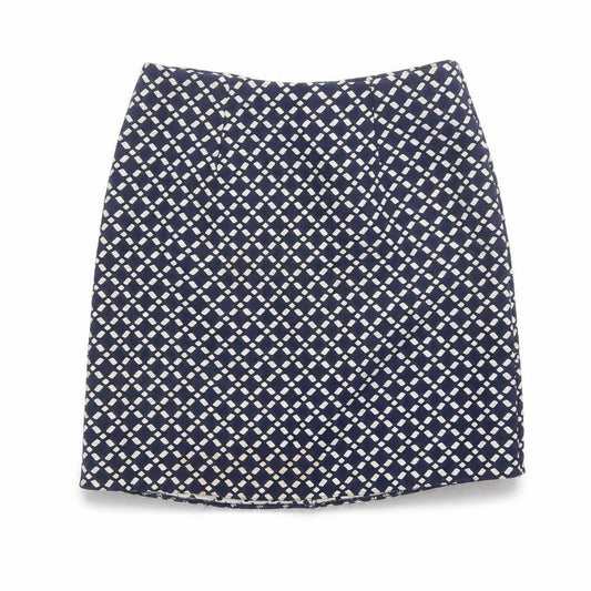Front view of New Look women’s blue geometric polyester a-line skirt, size UK 6, zip