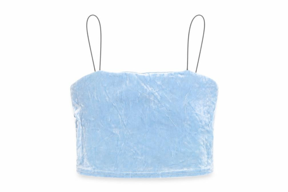 Front view of Light Before Dark women’s blue polyester cropped tank, size XS, square neck