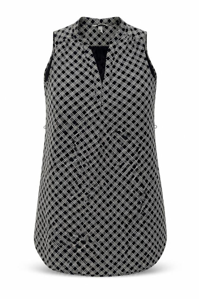 Front view of H&M women’s black geometric polyester a-line, size UK 12, v-neck pullover