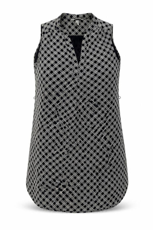 Front view of H&M women’s black geometric polyester a-line, size UK 12, v-neck pullover
