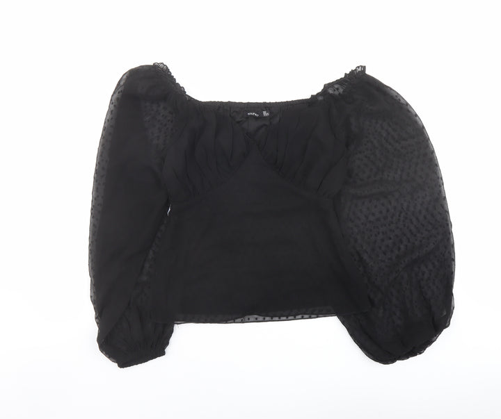 Boohoo Womens Black Polyester Basic Blouse Size 10 V-Neck - Sheer Sleeves