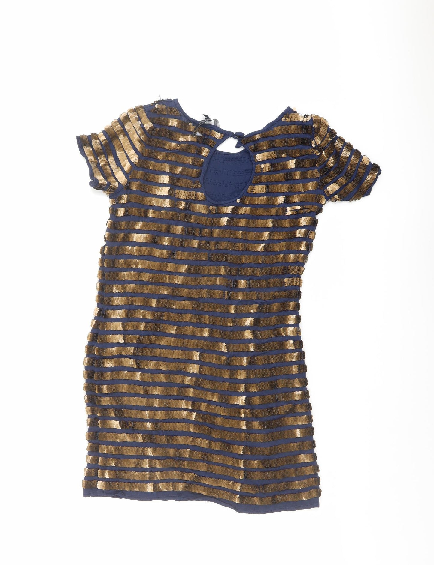 French Connection Womens Blue Striped Viscose Mini Size 8 Round Neck Button