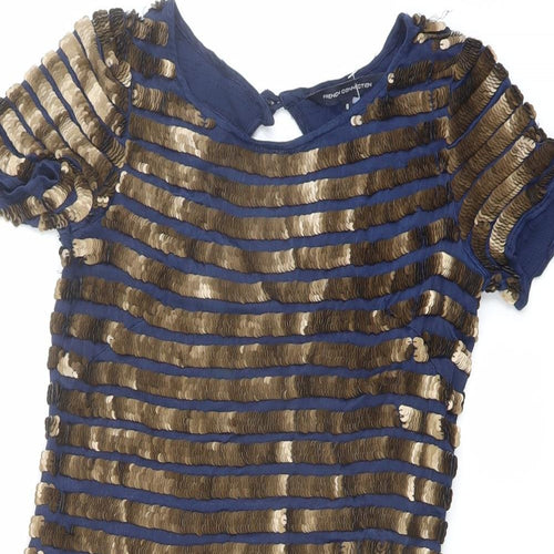 French Connection Womens Blue Striped Viscose Mini Size 8 Round Neck Button