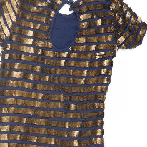 French Connection Womens Blue Striped Viscose Mini Size 8 Round Neck Button