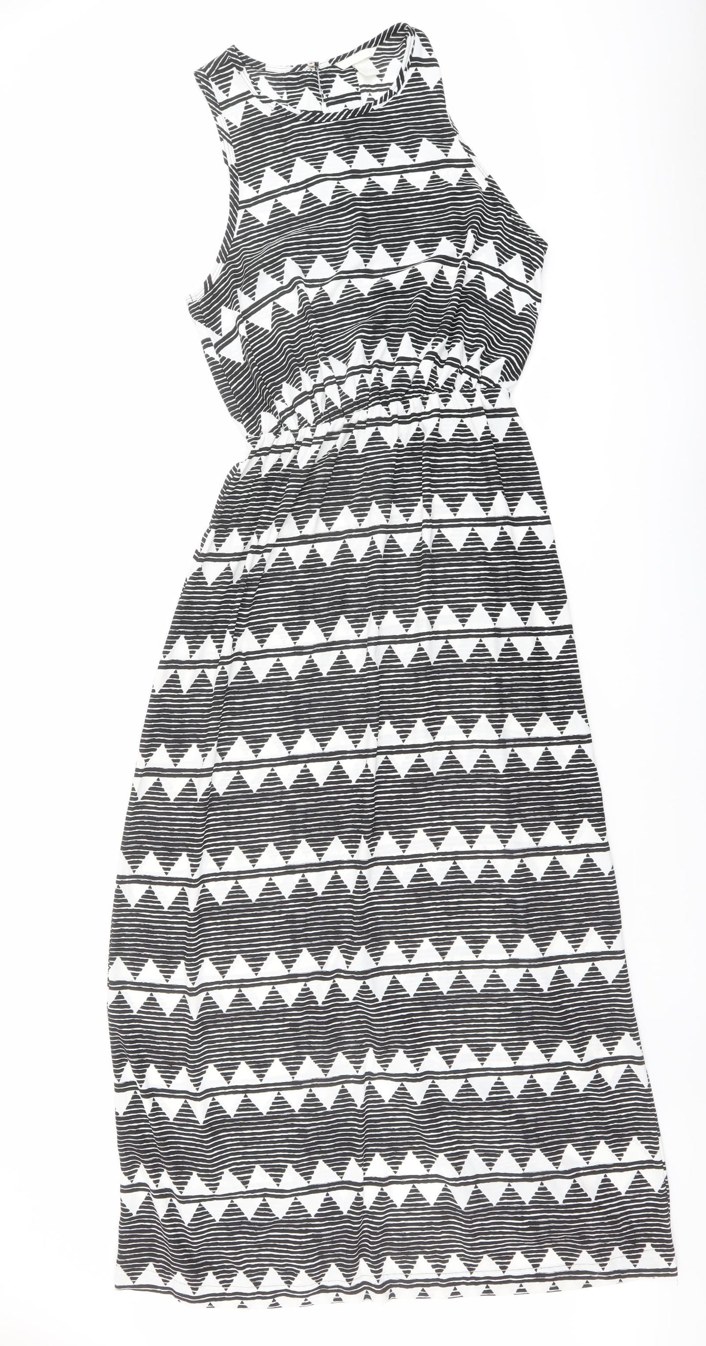 H&M Womens Black Geometric Polyester Maxi Size 12 Round Neck Button