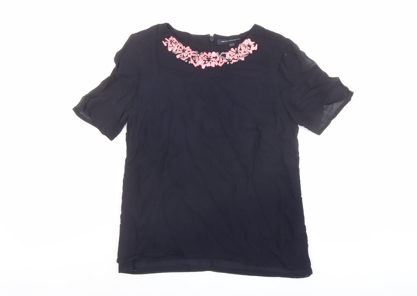 French Connection Womens Blue Viscose Basic Blouse Size 8 Boat Neck - Embellished Neckline