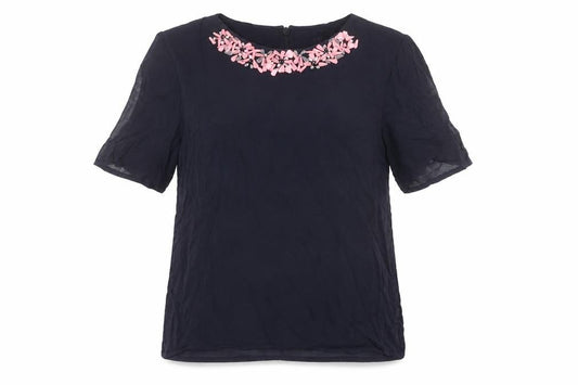 Front view of French Connection women’s blue viscose basic blouse, size UK 8, boat neck - embellished neckline