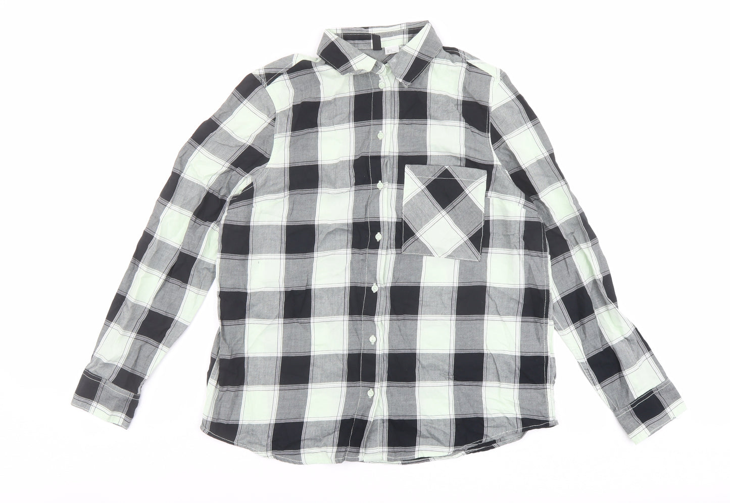 H&M Womens Green Plaid Cotton Basic Button-Up Size S Collared