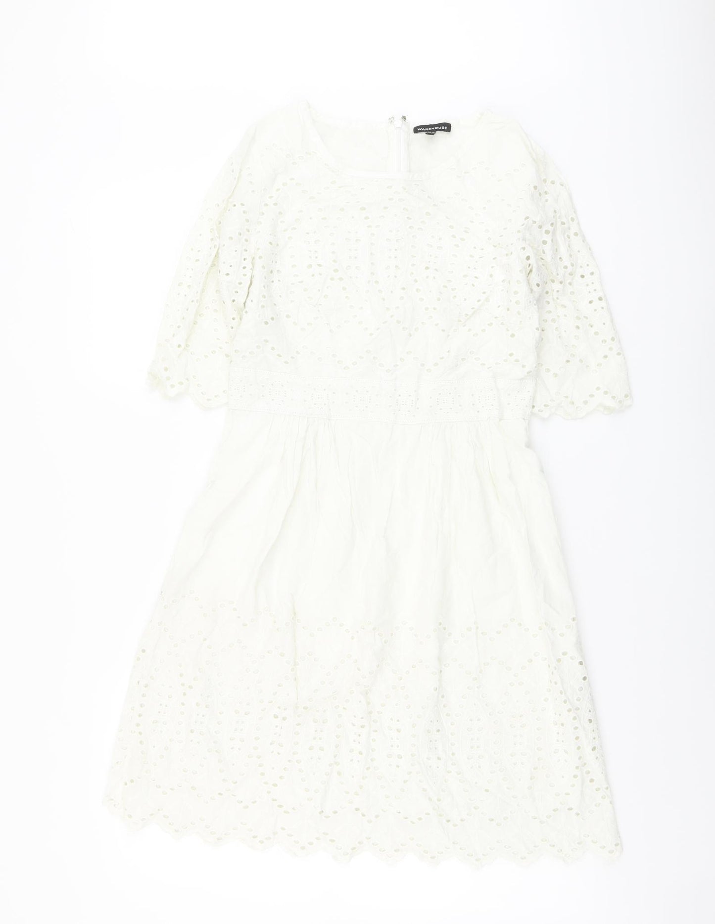 Warehouse Womens Ivory Geometric Cotton A-Line Size 10 Round Neck Zip