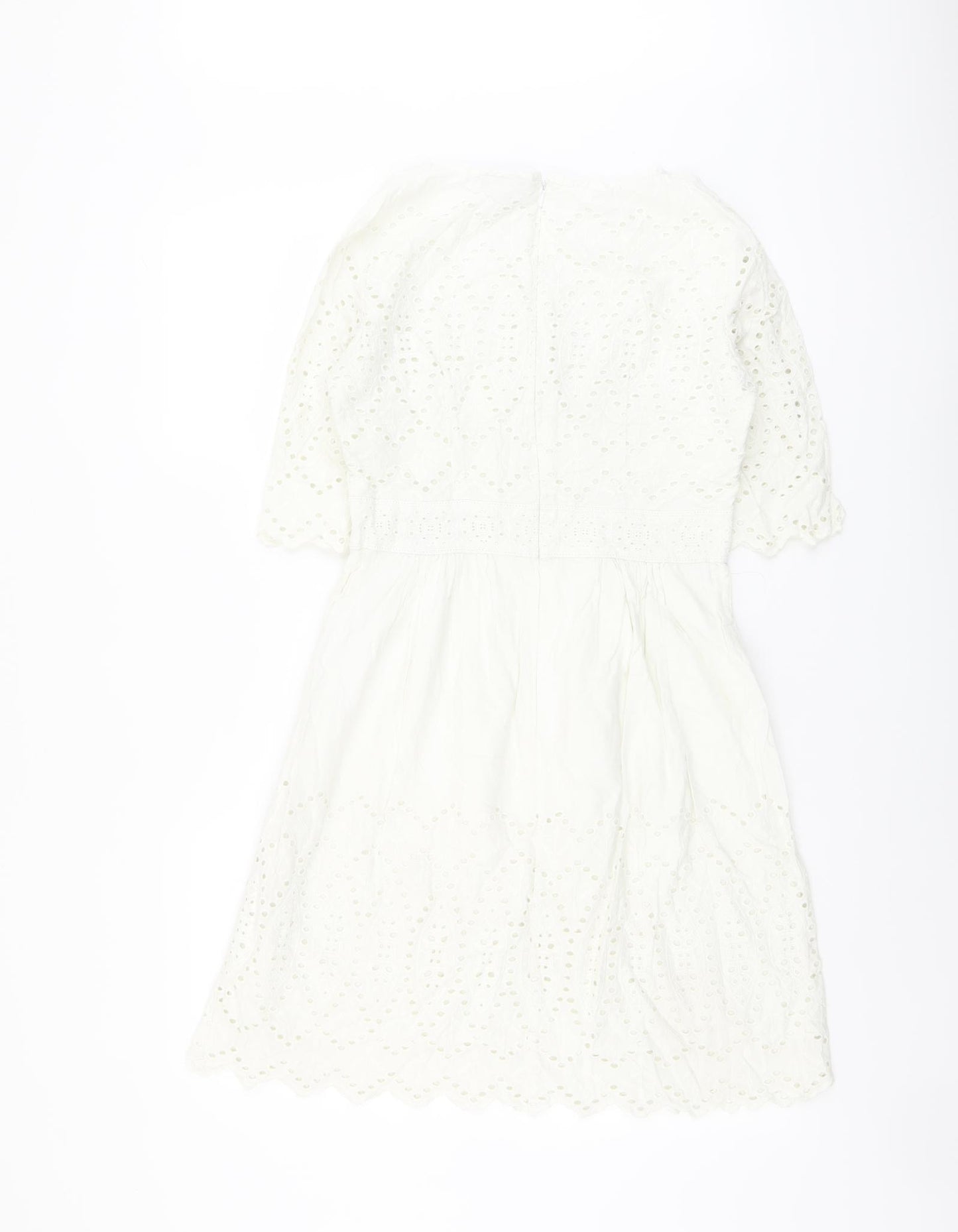 Warehouse Womens Ivory Geometric Cotton A-Line Size 10 Round Neck Zip