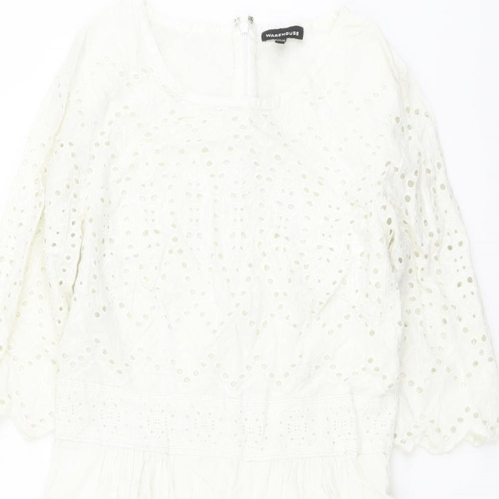Warehouse Womens Ivory Geometric Cotton A-Line Size 10 Round Neck Zip