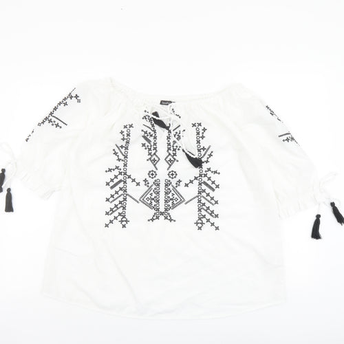 Boohoo Womens White Geometric Polyester Basic Blouse Size 16 Boat Neck