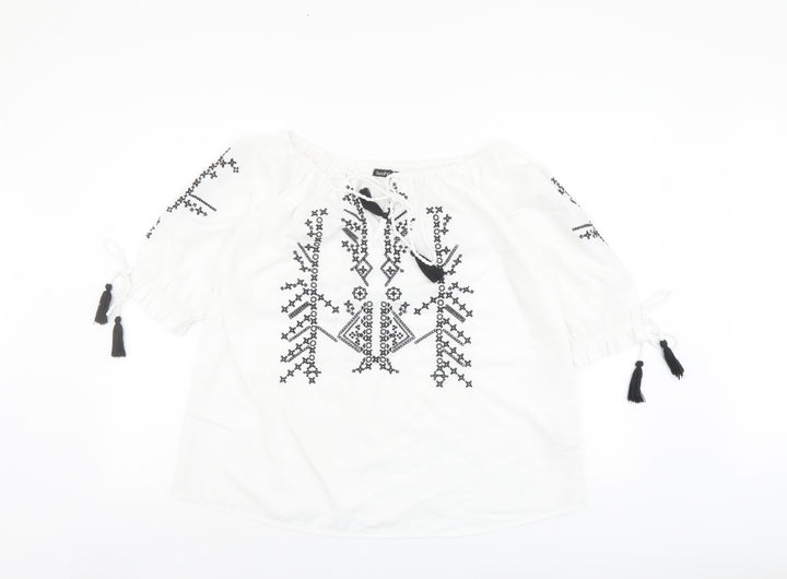 Boohoo Womens White Geometric Polyester Basic Blouse Size 16 Boat Neck