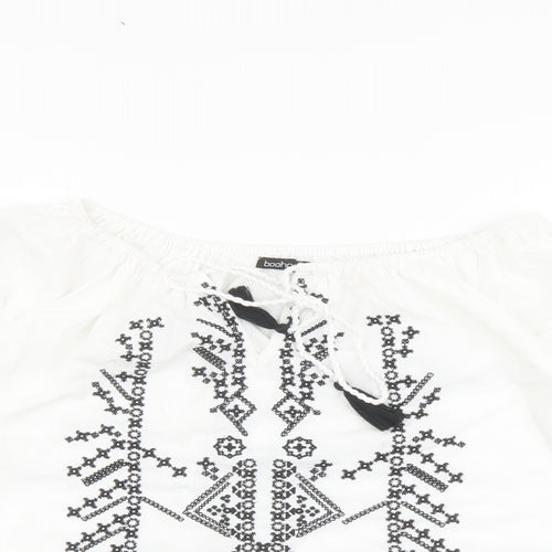Boohoo Womens White Geometric Polyester Basic Blouse Size 16 Boat Neck