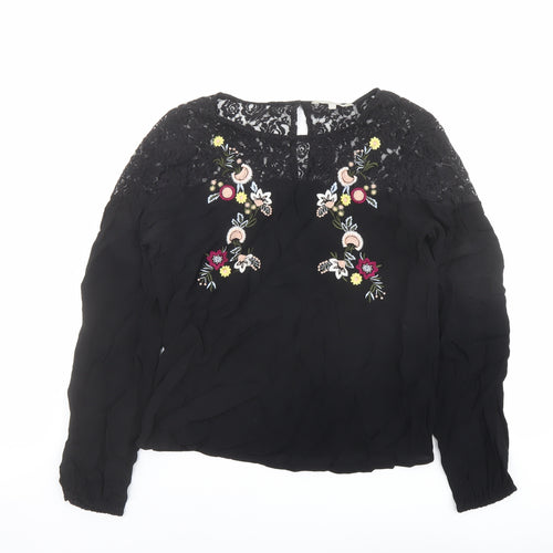 Red Herring Womens Black Viscose Basic Blouse Size 10 Boat Neck - Lace Detail