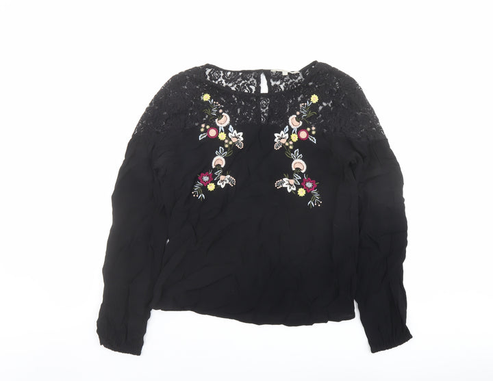 Red Herring Womens Black Viscose Basic Blouse Size 10 Boat Neck - Lace Detail