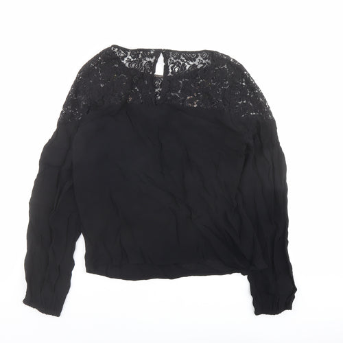 Red Herring Womens Black Viscose Basic Blouse Size 10 Boat Neck - Lace Detail