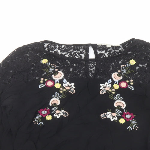 Red Herring Womens Black Viscose Basic Blouse Size 10 Boat Neck - Lace Detail