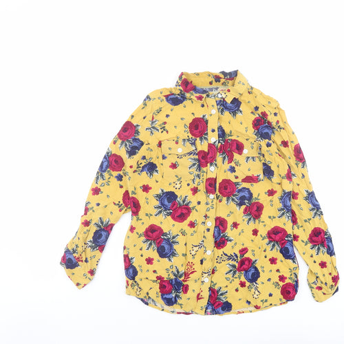 Country Rose Womens Yellow Floral Viscose Basic Button-Up Size 12 Collared