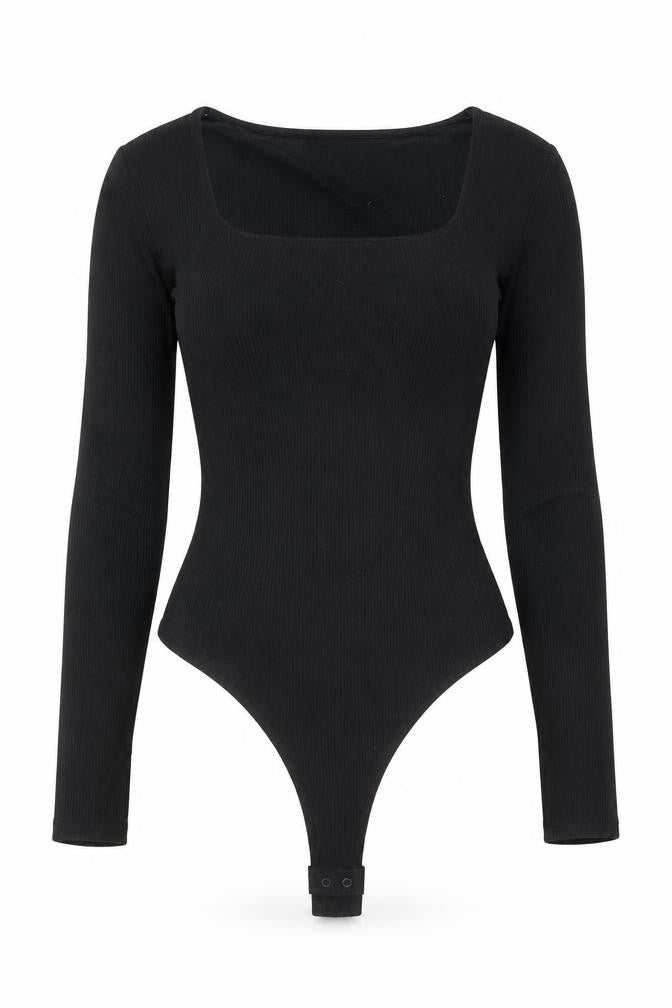 Front view of FW Bridge women’s black viscose bodysuit one-piece, size UK 12, snap