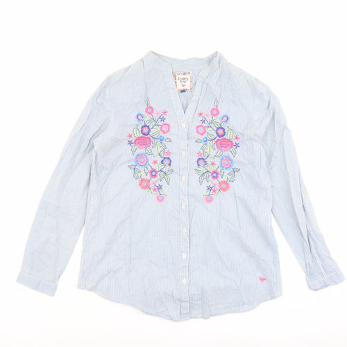 Country Rose Womens Blue Striped Cotton Basic Button-Up Size 10 V-Neck - Floral Detail
