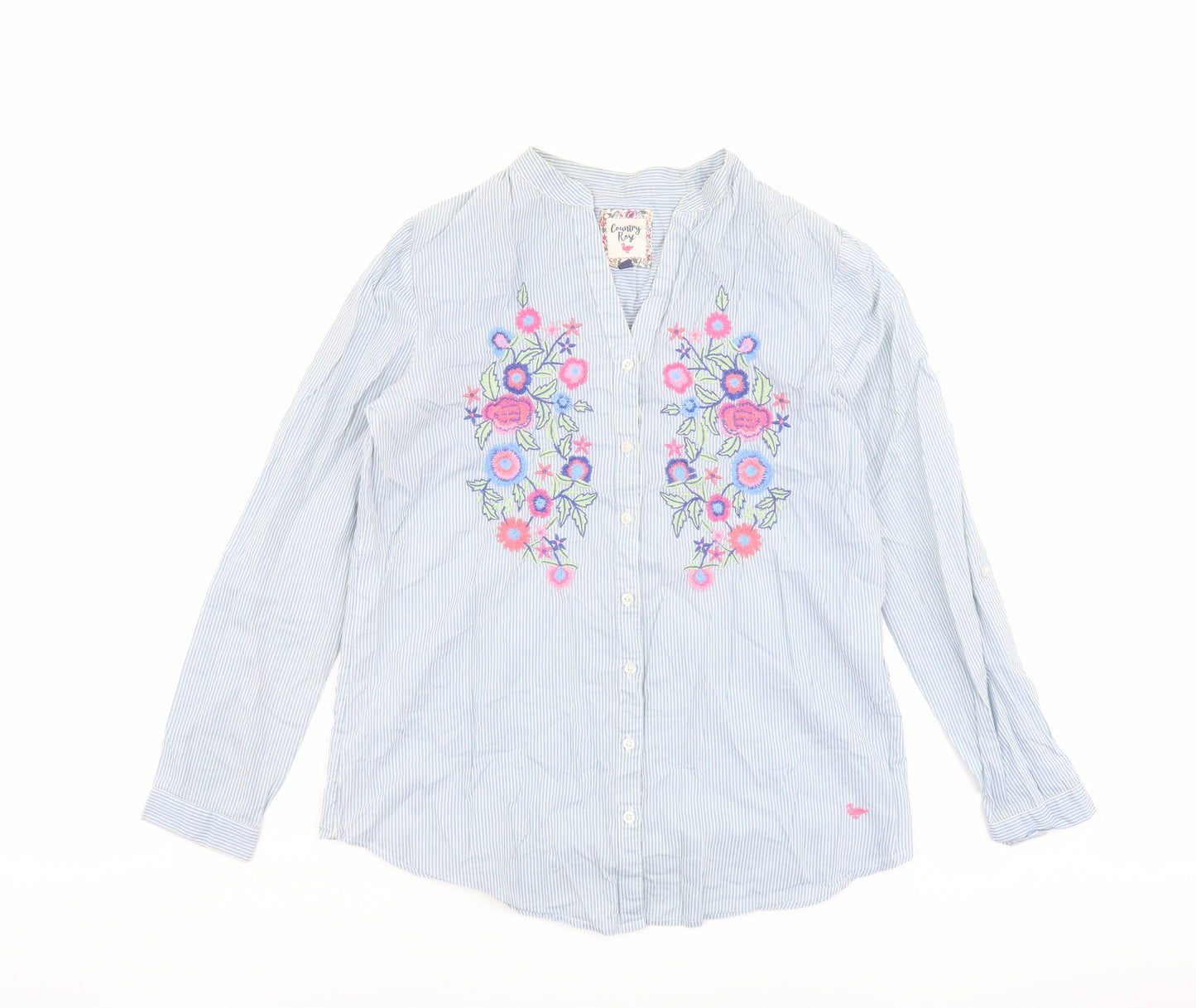 Country Rose Womens Blue Striped Cotton Basic Button-Up Size 10 V-Neck - Floral Detail