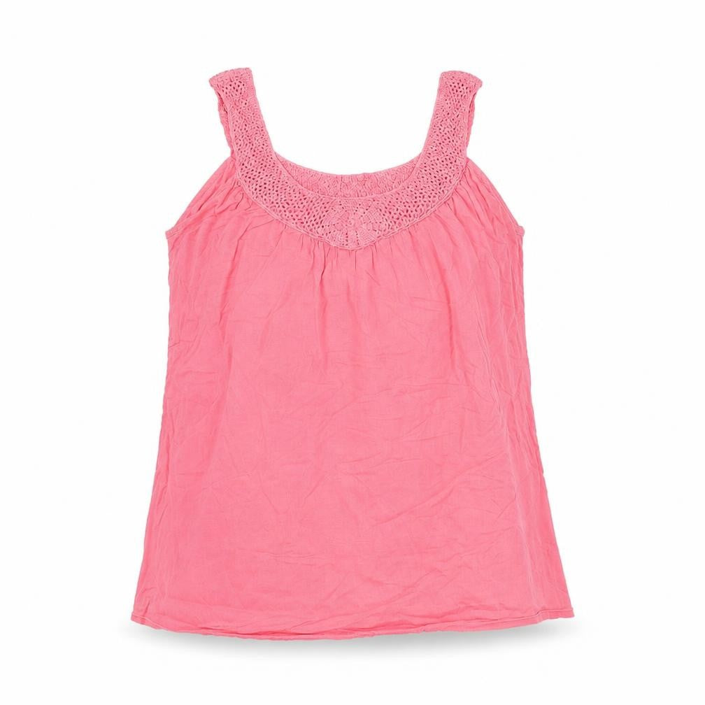 Front view of Great Plains women’s pink polyester basic tank, size S, scoop neck - crochet detail