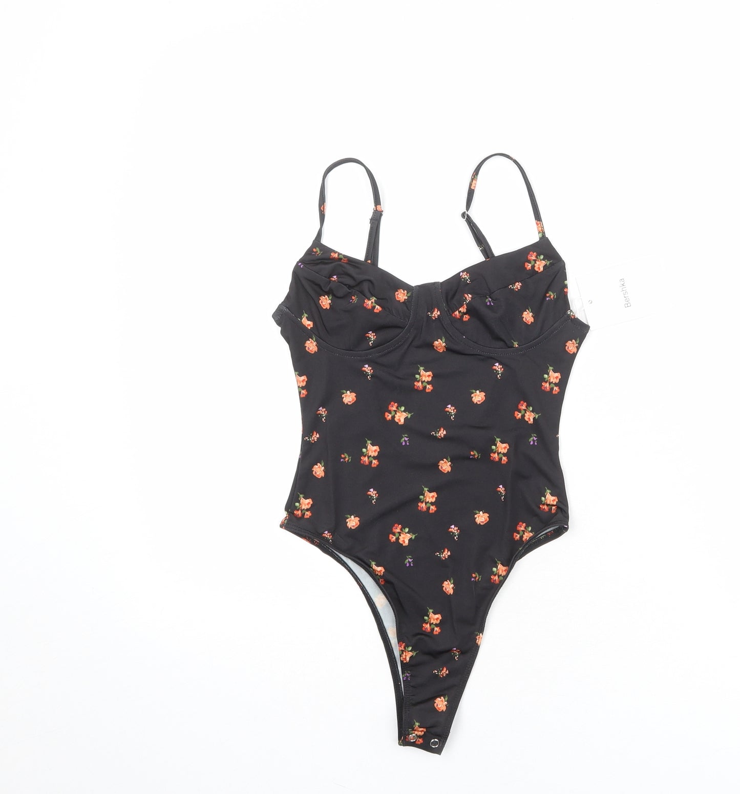 Bershka Womens Black Floral Polyester Bodysuit One-Piece Size XS Snap