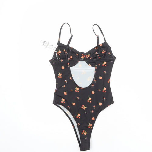 Bershka Womens Black Floral Polyester Bodysuit One-Piece Size XS Snap