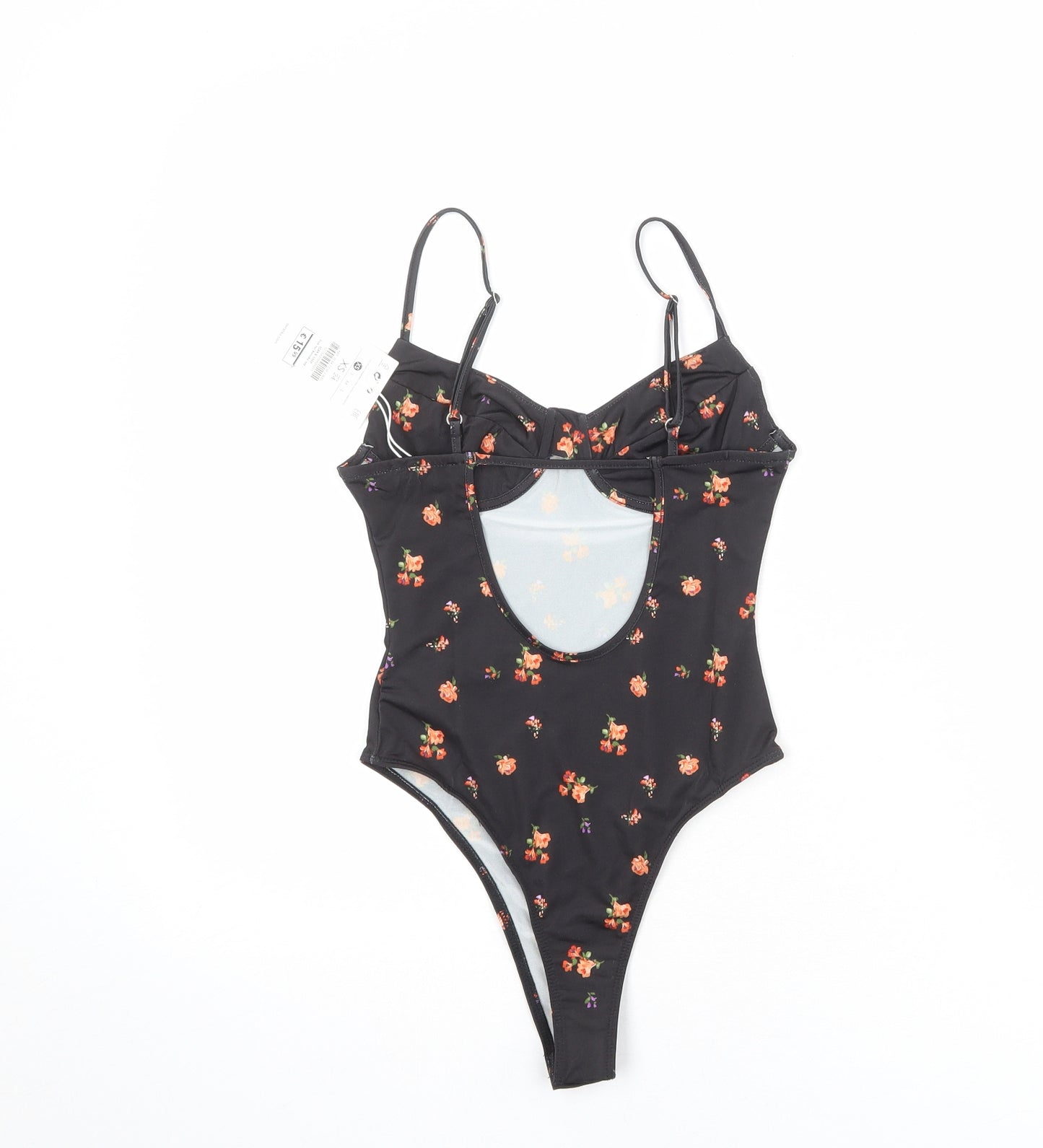 Bershka Womens Black Floral Polyester Bodysuit One-Piece Size XS Snap