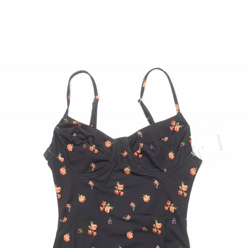 Bershka Womens Black Floral Polyester Bodysuit One-Piece Size XS Snap