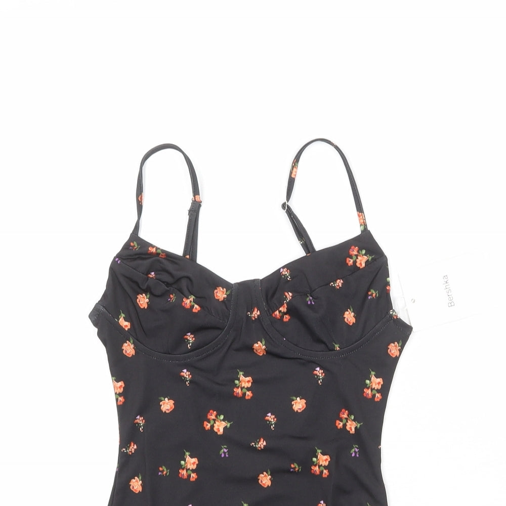 Bershka Womens Black Floral Polyester Bodysuit One-Piece Size XS Snap