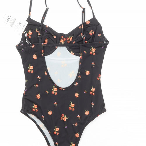 Bershka Womens Black Floral Polyester Bodysuit One-Piece Size XS Snap