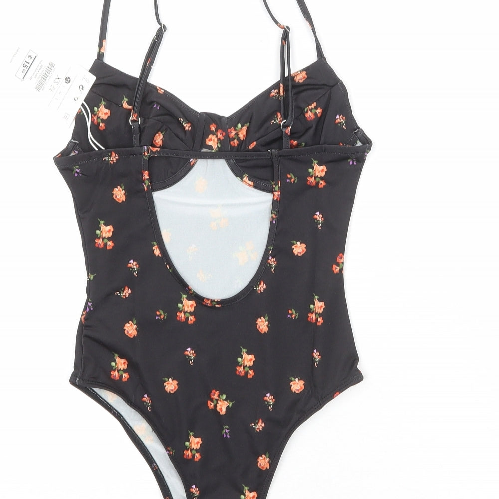 Bershka Womens Black Floral Polyester Bodysuit One-Piece Size XS Snap