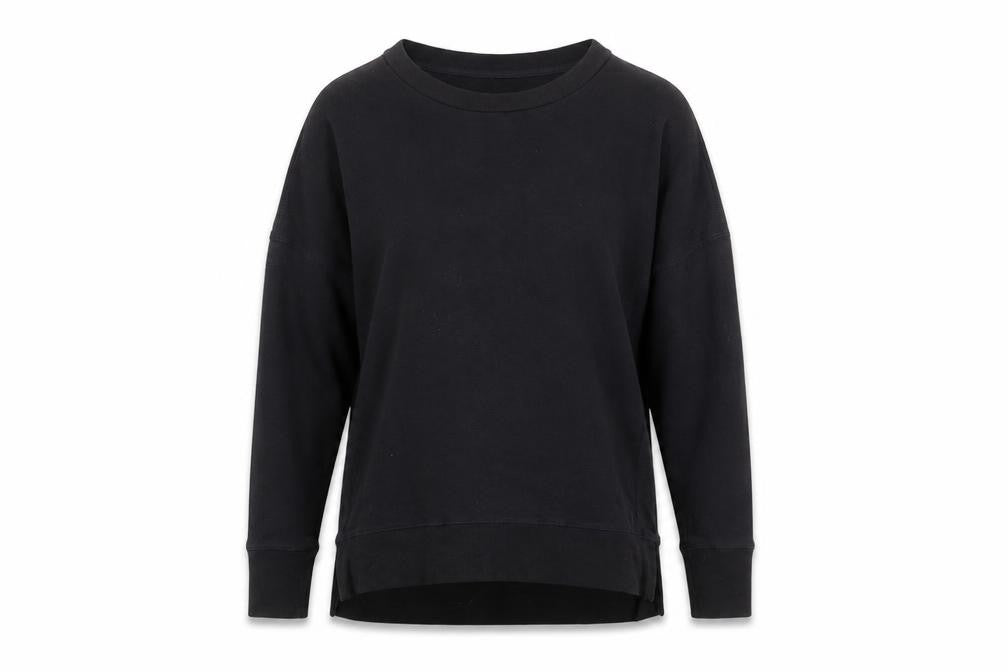 Front view of Reebok women’s black cotton pullover sweatshirt, size M, pullover